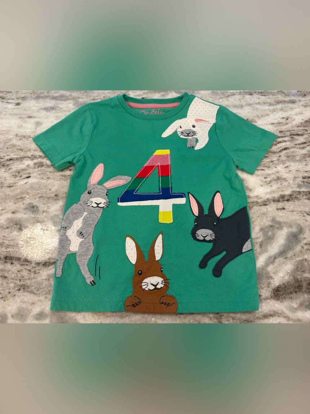Mini Boden Teal Green Long-Sleeve Tee with Rainbow '4' and Bunny Appliqués